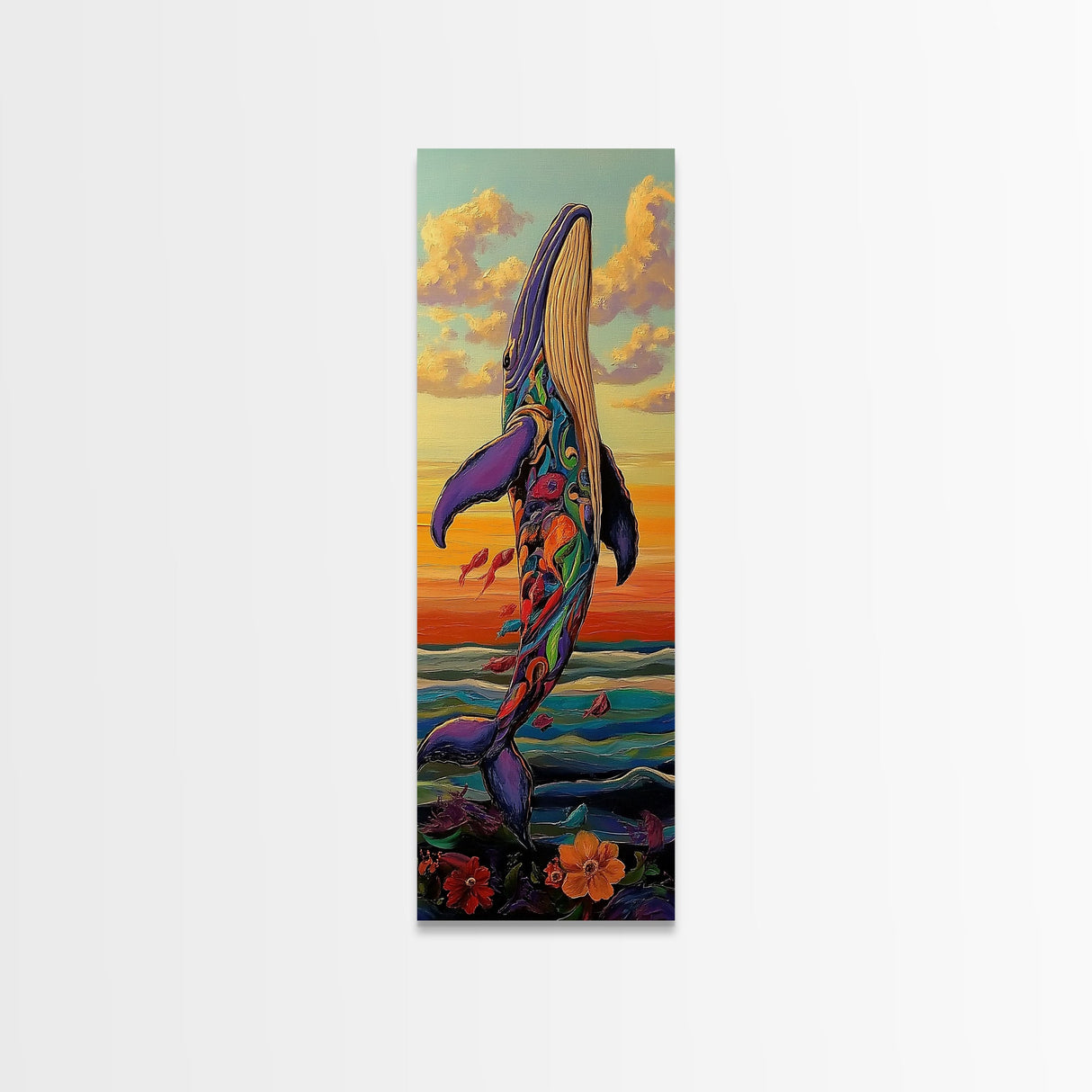 Rainbow Whale, Vibrant Ocean, Fantasy Sea Life, Framed Canvas Print, Whimsical Coastal Wall Art, Eclectic Living Room Nautical Decor