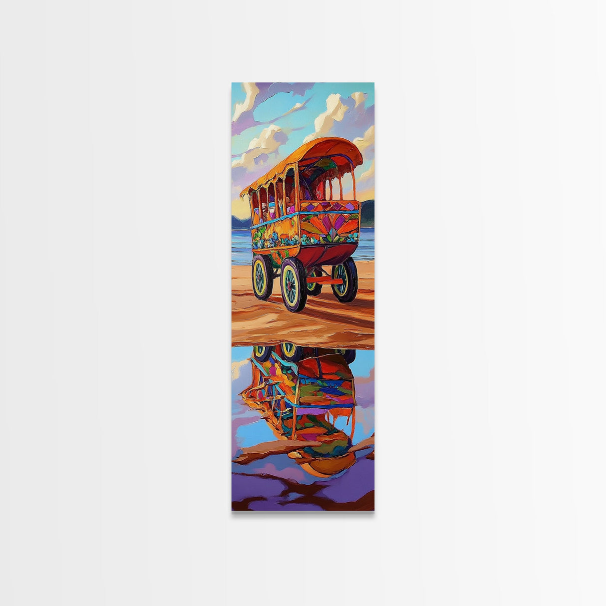 Wagon Reflection, Beach Vibrant, Framed Canvas Print, Colorful bohemian coastal art, living room decor, whimsical wall painting