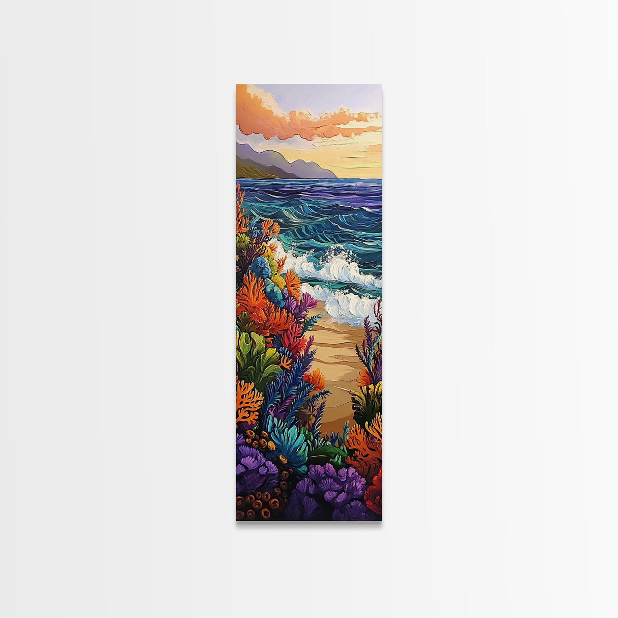 Ocean Waves, Coral Sunset, Canvas Print, Coastal living room wall art, colorful seascape painting, underwater reef design, tropical beach vibe