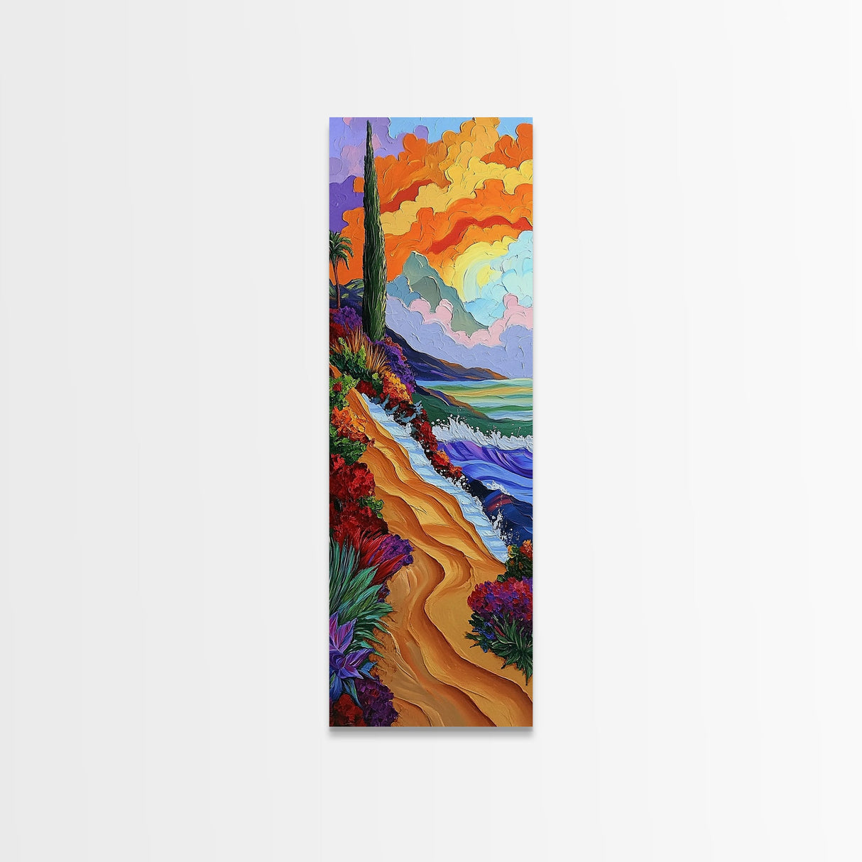 Sunset Beach, Garden, Path, Canvas Print, Autumn coastal art, bold floral landscape painting, entryway wall decor, seaside home accent