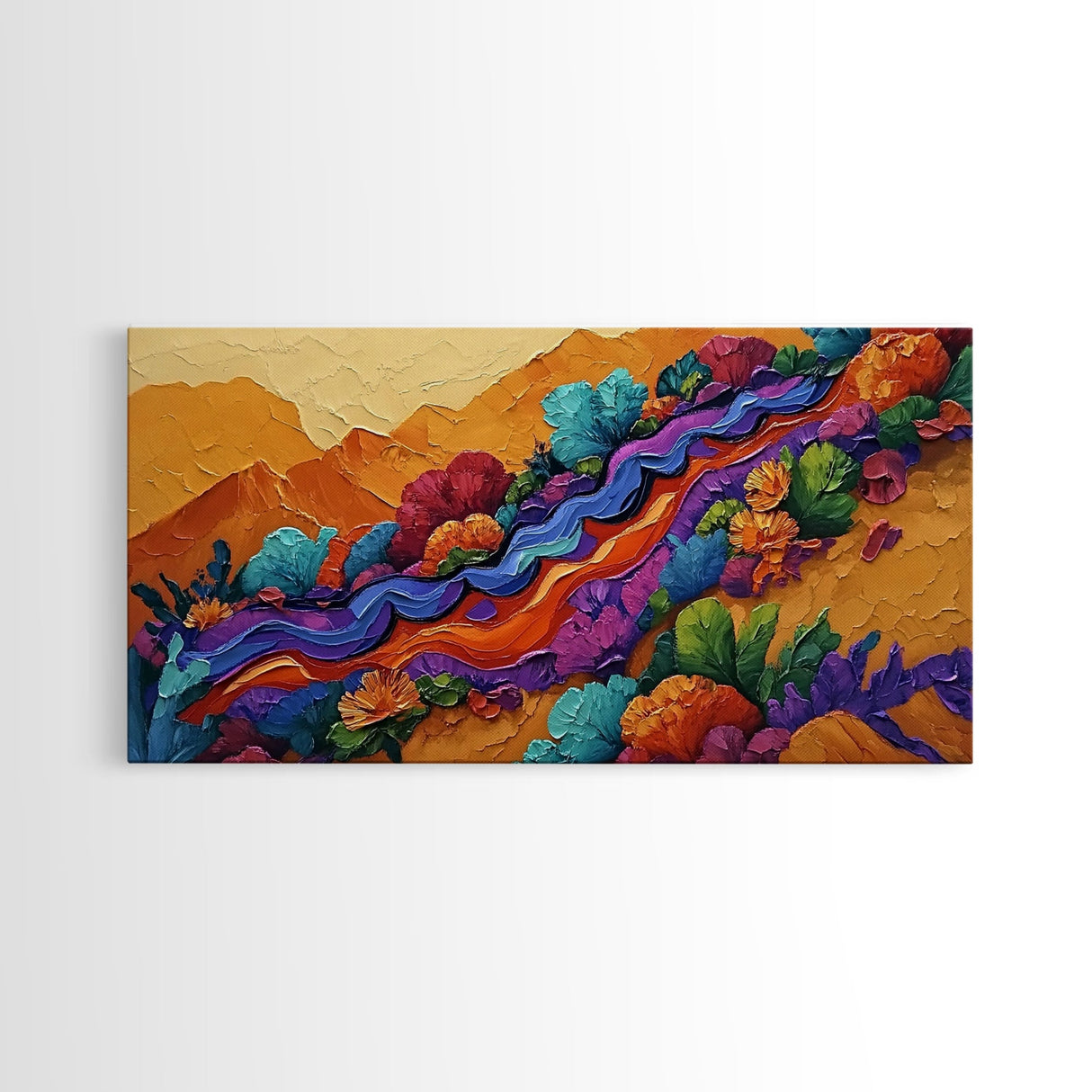 Mountains Flowers, Layers, Texture, Canvas Print, colorful impasto abstract mountain scene, modern art piece, textured fall wall decor