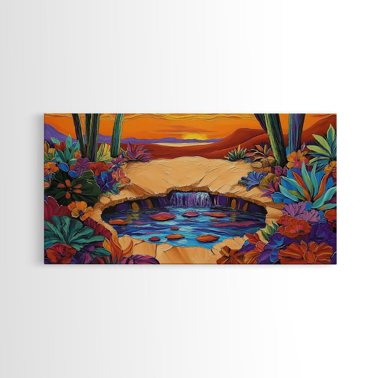 Sunset Cactus, Oasis, Vibrant Desert Canvas Print, Boho Living Room Wall Art, Colorful Sunset Painting, Southwest Style Artwork