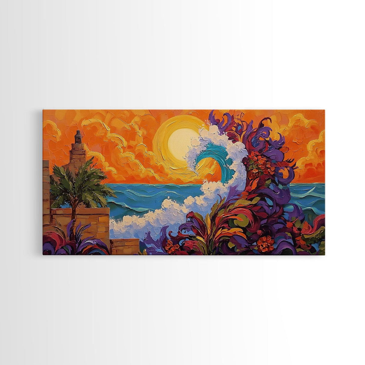Ocean Wave, Sunset, Lighthouse, Framed Canvas Print vibrant coastal art, whimsical seascape painting, tropical decor, beach wall art
