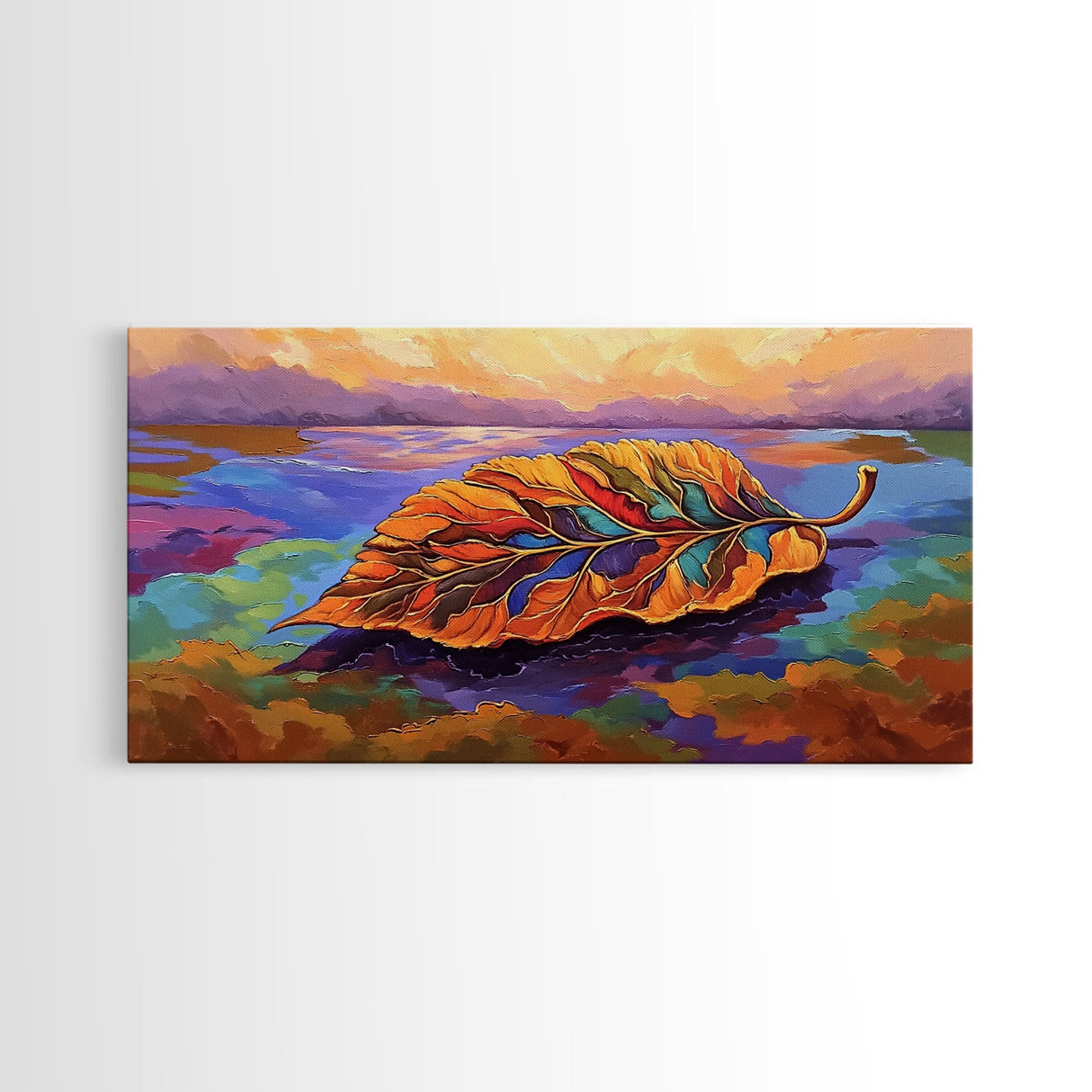 Leaf Autumn, Abstract, Abstract multicolor leaf on vibrant landscape background, Framed Canvas Print, Fall seasonal art, leaf print