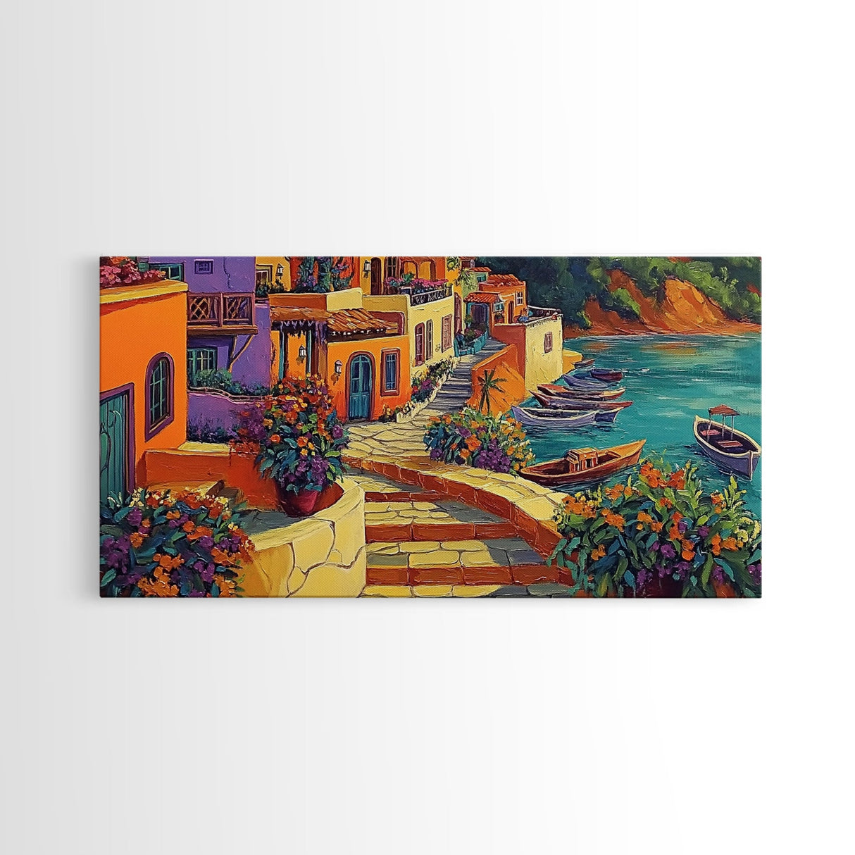 Village, Boats, Coastal, Pathway, Framed Canvas Print, Mediterranean street scene, colorful coastal home decor, kitchen wall art