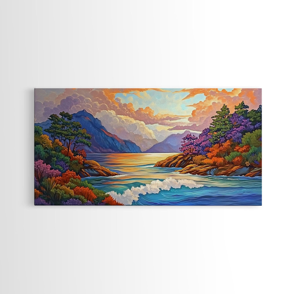 Ocean Sunset View, Vibrant Coastline, Mountain Landscape, Canvas Print, Living Room Wall Art, Colorful Seascape, Nature Painting