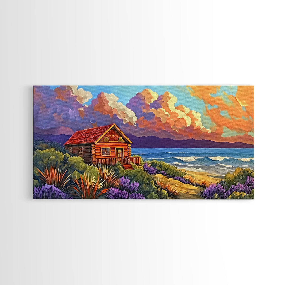 Cabin by Ocean, Colorful Beach Sunset, Cloudy Sky Art, Canvas Print, Autumn Wall Decor, Cozy Living Room Art, Rustic Coastal Scene