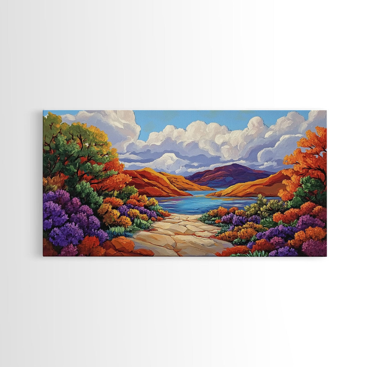 Canyon Lake Path, Colorful Wildflowers, Bold Autumn Hills, Framed Canvas Print, Nature Inspired Wall Art, Southwestern Decor