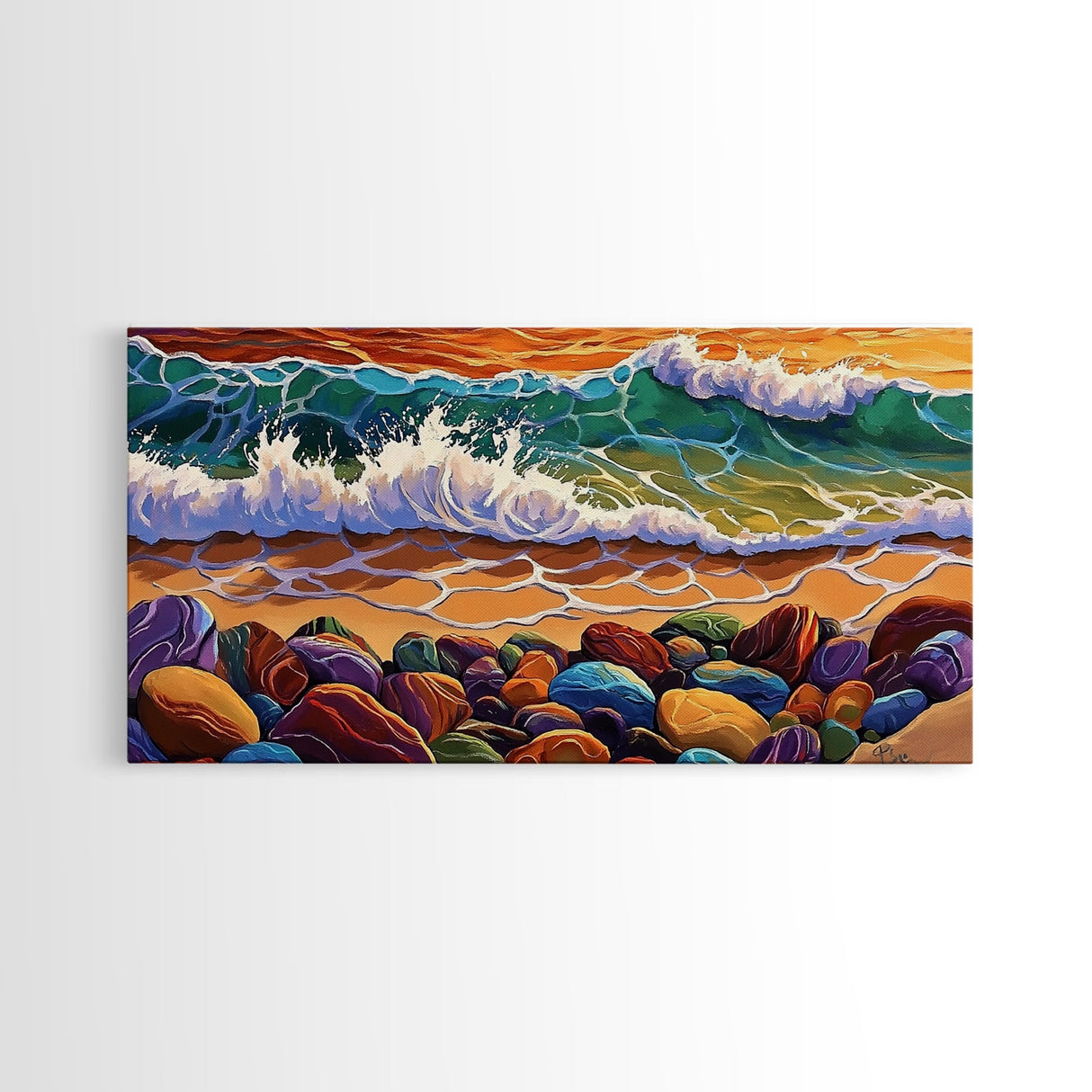 Colorful Ocean, Stones, Framed Canvas Print, Sunset wave beach scene, Living Room Wall Art, coastal decor, boho landscape painting