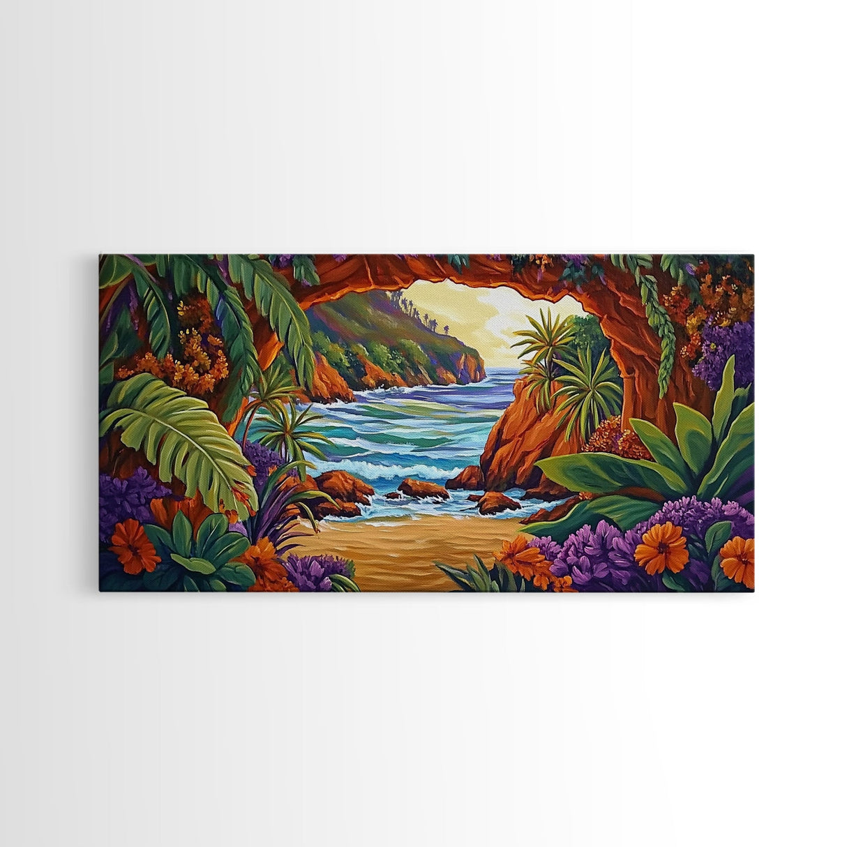 Tropical Archway, Ocean, Sunset, Framed Canvas Print, Coastal Decor, Tropical Wall Art, Landscape Painting, Living Room Artwork