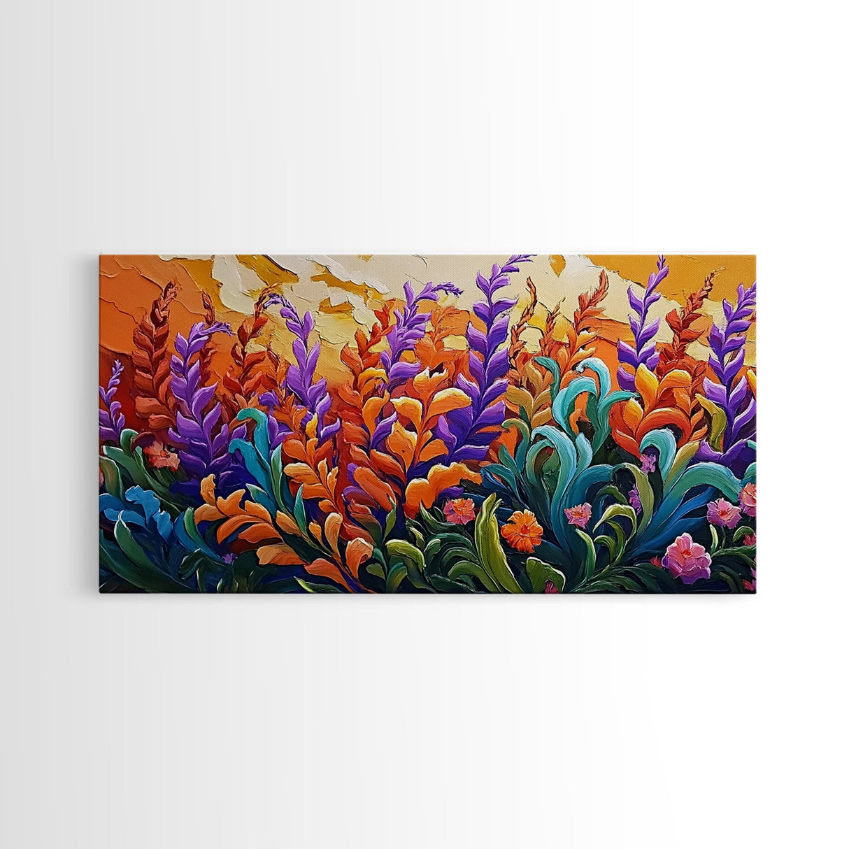 Flowers Sunset, Vibrant, Nature, Framed Canvas Print, Fall Wildflower Art, Boho Floral Wall Decor, Kitchen or Entryway Accent