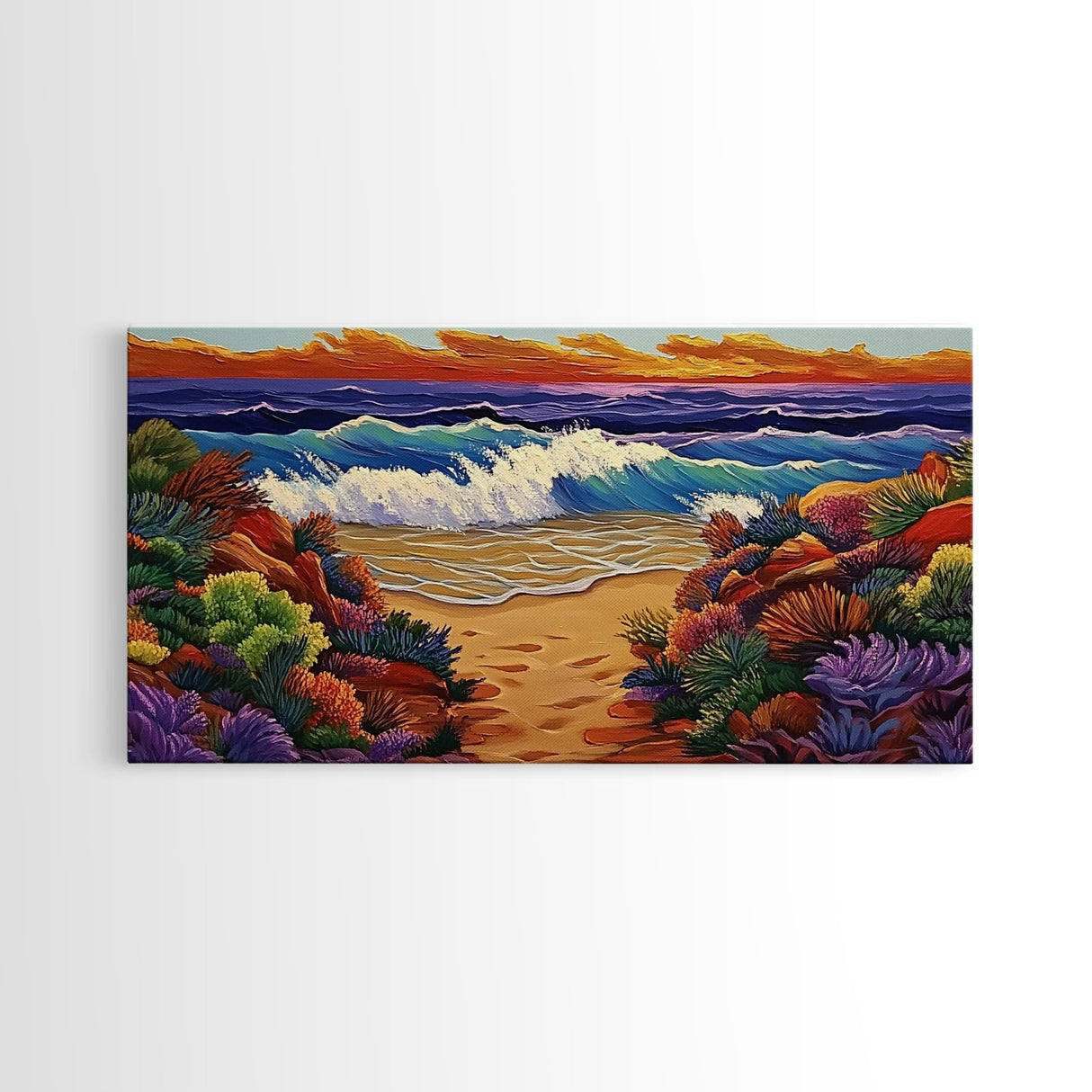 Waves Beach, Sunset, Coastal, Framed Canvas Print, Ocean Wall Art, Colorful Seascape Decor, Nautical Living Room Accent, Coastal Vibes