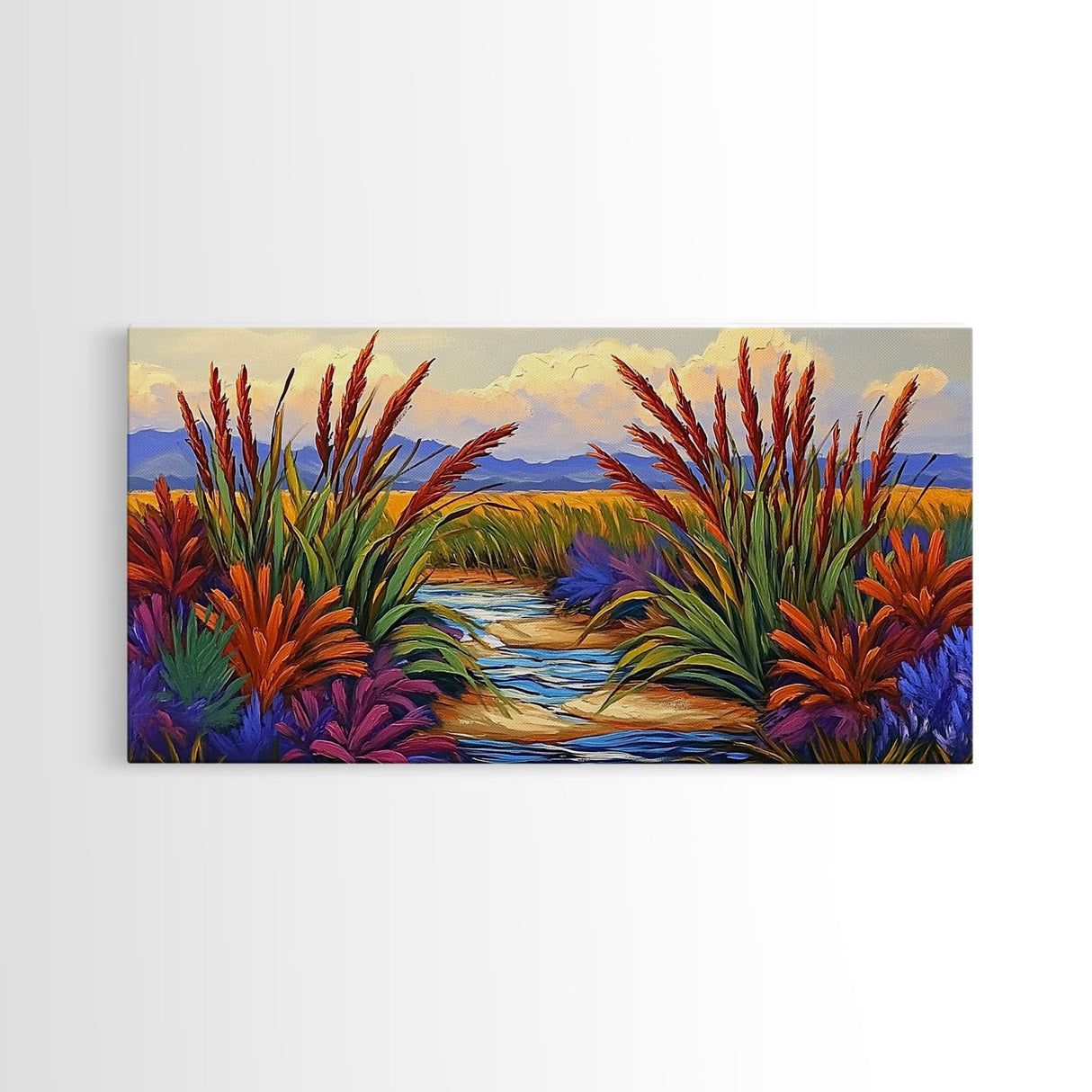Marsh Grassland, Sunset, Scene, Framed Canvas Print rustic farmhouse art, colorful Fall wall decor, bedroom landscape canvas