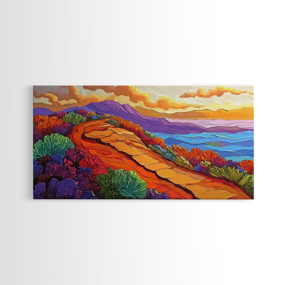 Pathway Mountain, Trail, Sunset, Framed Canvas Print adventure lovers gift, hiking trail art, colorful landscape wall decor