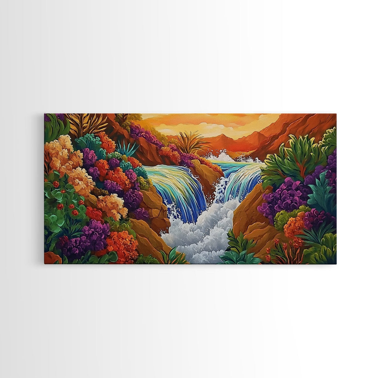 Sunset Waterfall, Vibrant Jungle, Tropical Landscape, Framed Canvas Print, Boho Wall Art, Bathroom or Bedroom Decor, Nature Painting