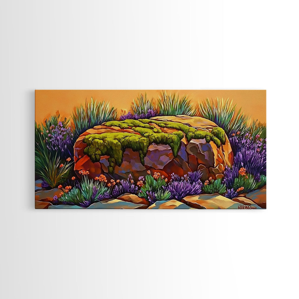 Moss Rock, Desert Garden, Sunset Stone, Framed Canvas Print, Rustic Wall Art, Kitchen or Bathroom Decor, Desert Botanical Artwork