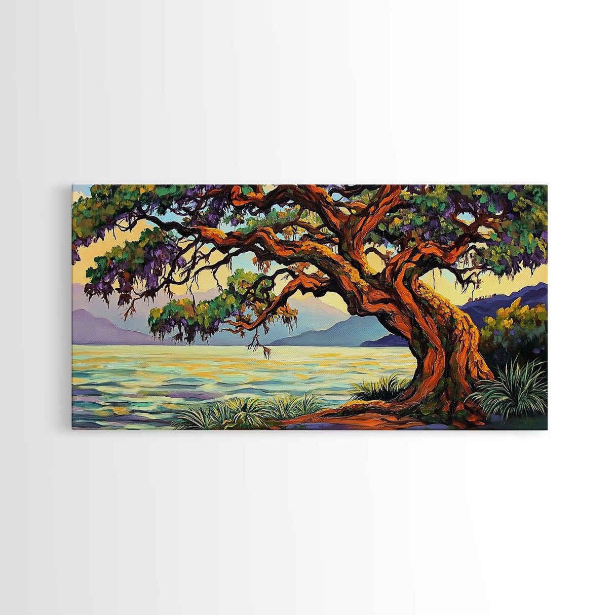 Twisted Tree, Lakeside Sunset, Majestic Oak, Canvas Print, Nature Wall Art, Living Room or Office Decor, Scenic Landscape Painting