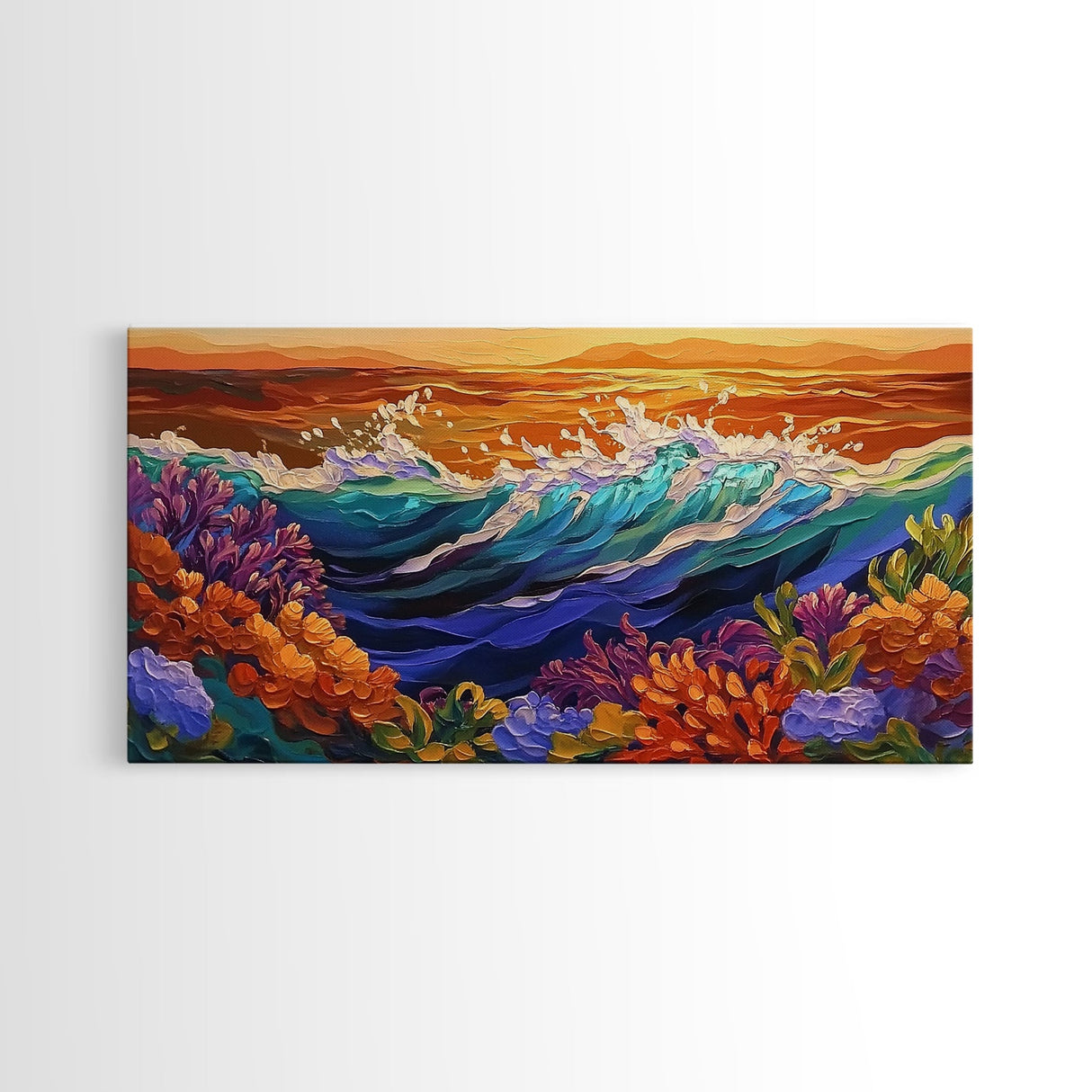 Ocean Bloom, Sunset Surf, Tropical Waves, Canvas Print, Vibrant Coastal Wall Art, Beach House Decor, Colorful Seascape Painting