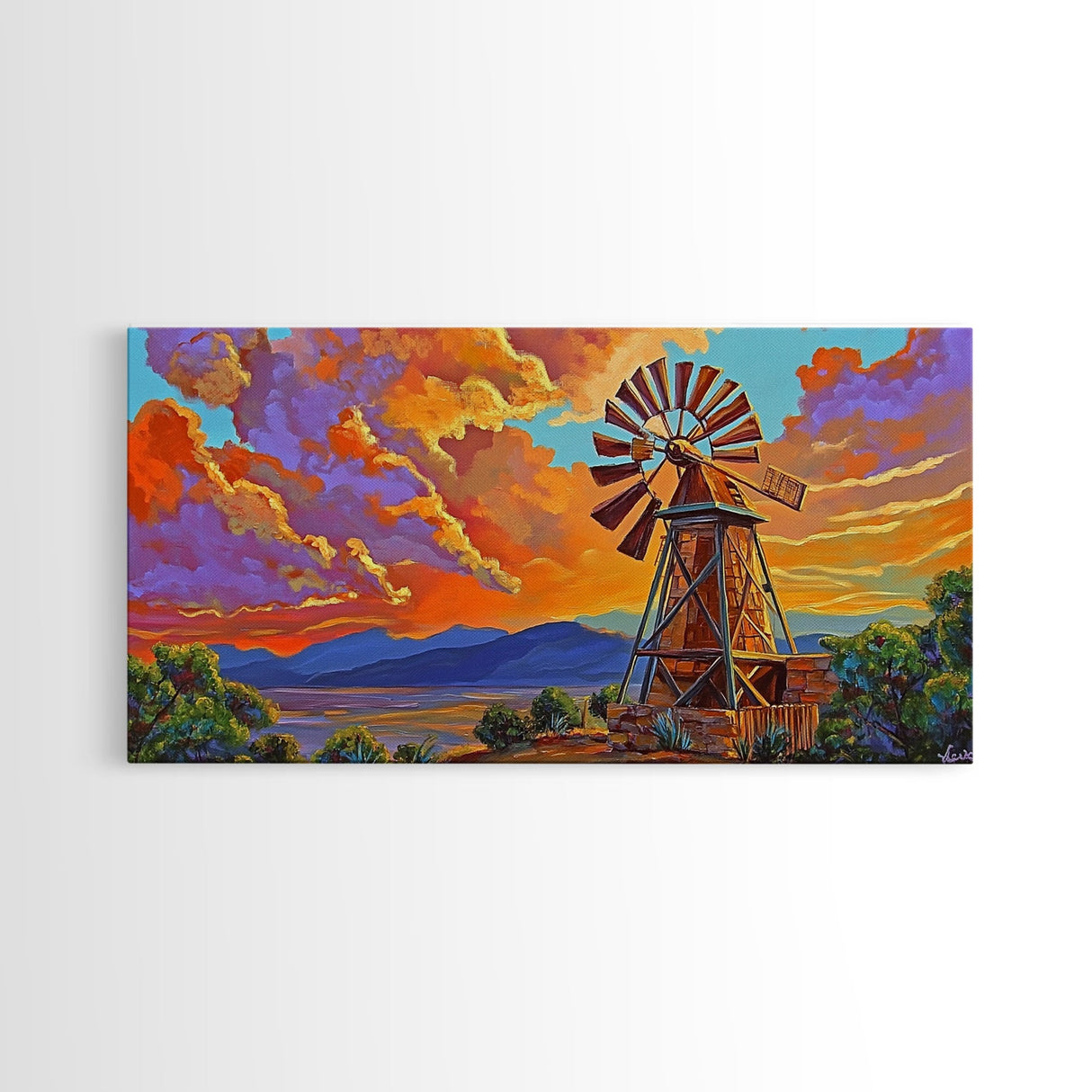 Rustic Windmill, Sunset, Country Sky, Canvas Print, Vibrant farmhouse scene perfect Fall Living Room Wall Art or Rustic Home Decor