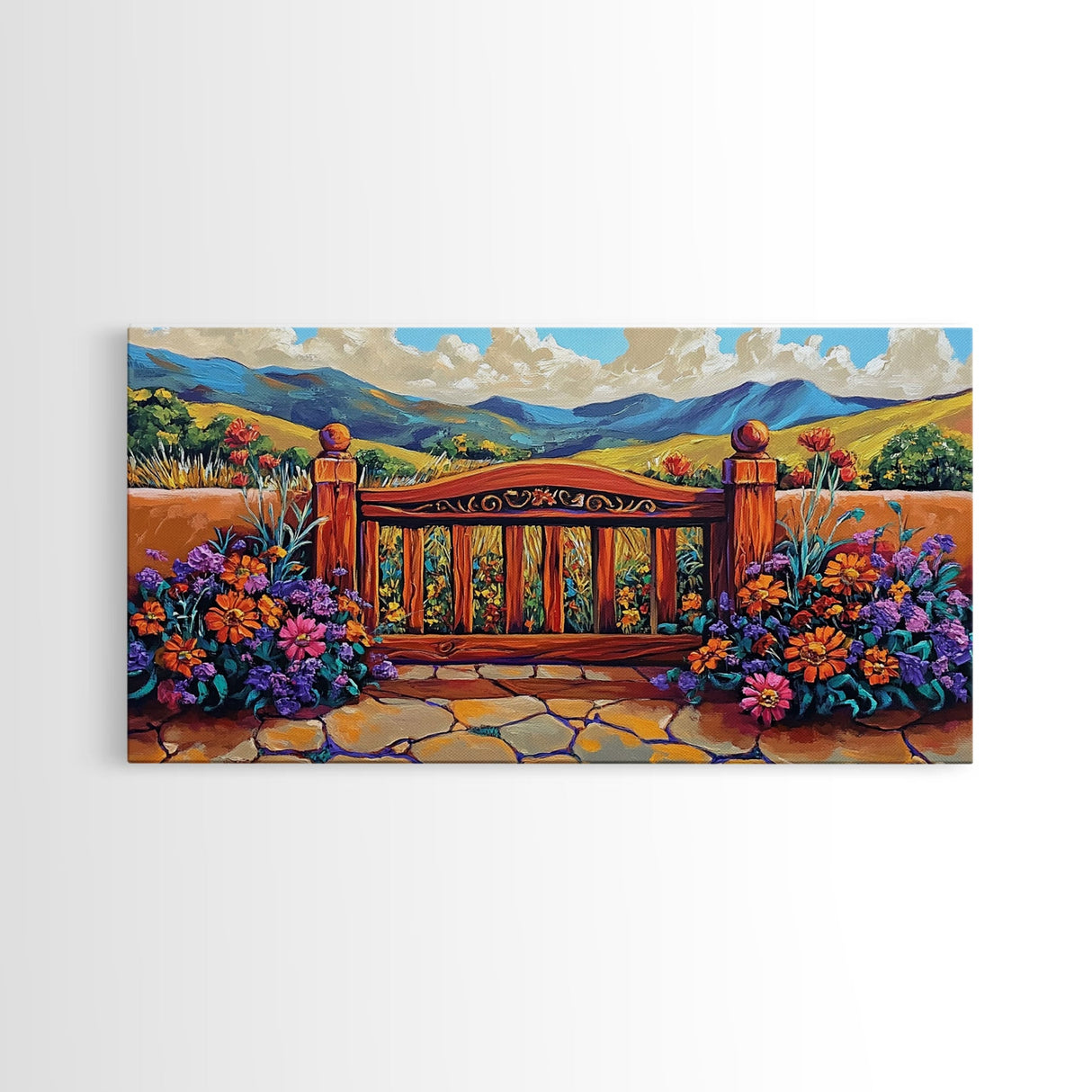 Gate Flowers, Mountains, Country, Framed Canvas Print rustic floral country gate art, bright farmhouse boho garden decor, patio print
