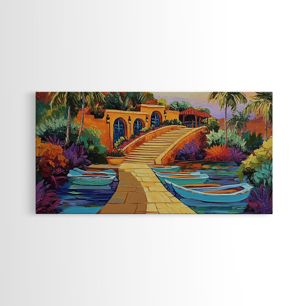Tropical Boats, Colorful, Lagoon, Canvas Print, boats docked at tropical villa, Living Room Wall Art, vibrant coastal art, boho décor