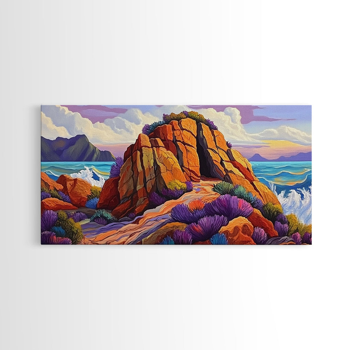 Ocean Cave, Rocky Coast, Lavender Brush, Framed Canvas Print, Bold Nature Wall Art, Vibrant Bedroom or Study Coastal Decor