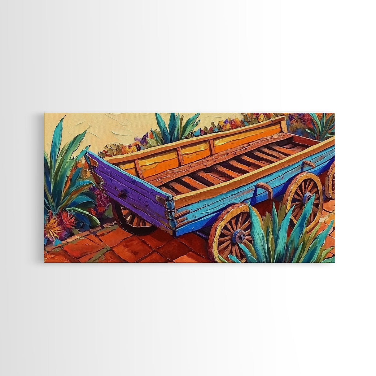 Painted Wagon, Rustic Charm, Color Pop, Framed Canvas Print, Western Farmhouse Wall Art, Vibrant Kitchen Print, Entryway Decor