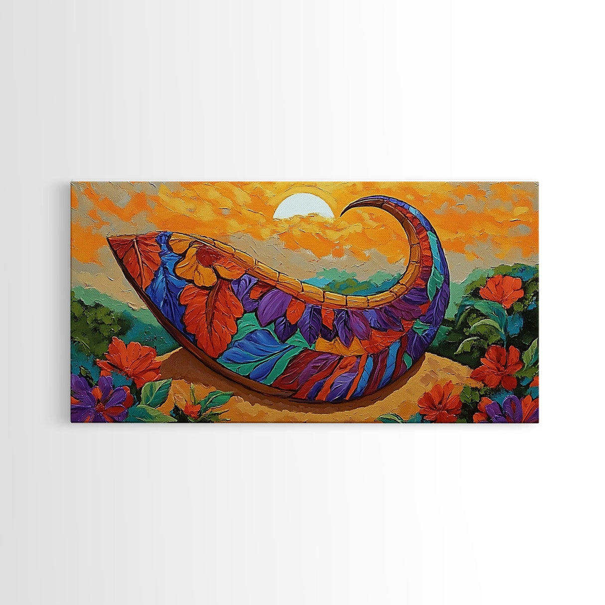 Harvest Sunset, Cornucopia, Floral, Framed Canvas Print Thanksgiving wall art, vibrant boho painting, Fall kitchen decor, rustic style