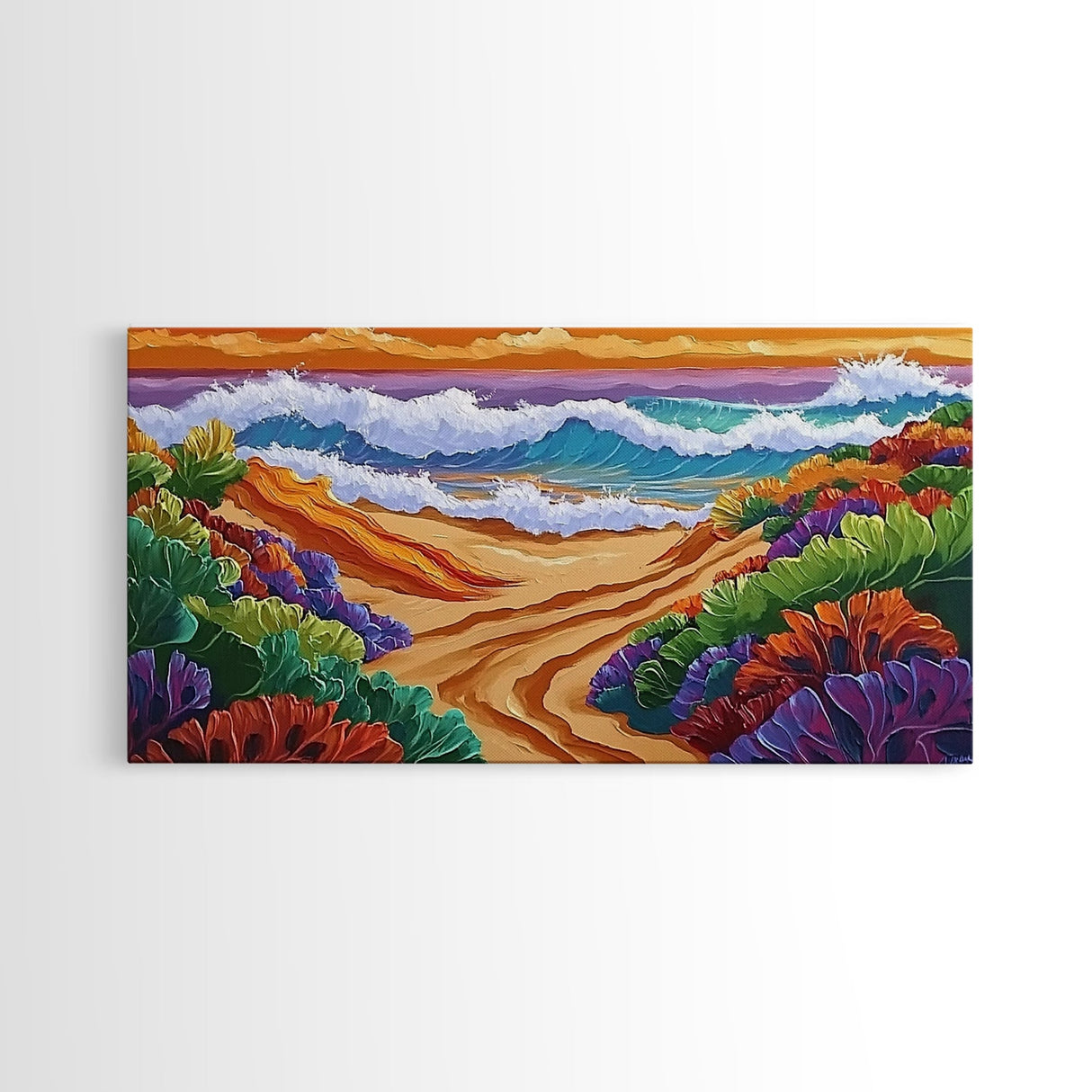 Sunset, Ocean, Trail, Beach, Coastal Sunset Pathway Framed Canvas Print, Bedroom Wall Art, Vibrant Seaside Landscape, Bold Color Decor