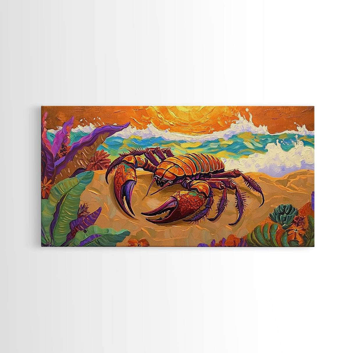 Lobster Beach, Vibrant, Framed Canvas Print, Nautical Coastal Art, Living Room Wall Decor, Tropical Lobster Painting, Bold Ocean Art