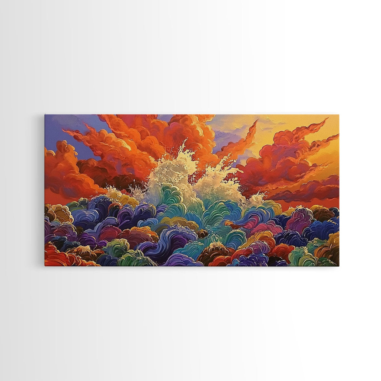 Waves Sunset, Abstract, Framed Canvas Print, Bold Ocean Explosion Art, Colorful Modern Wall Decor, Coastal Vibe Art Piece