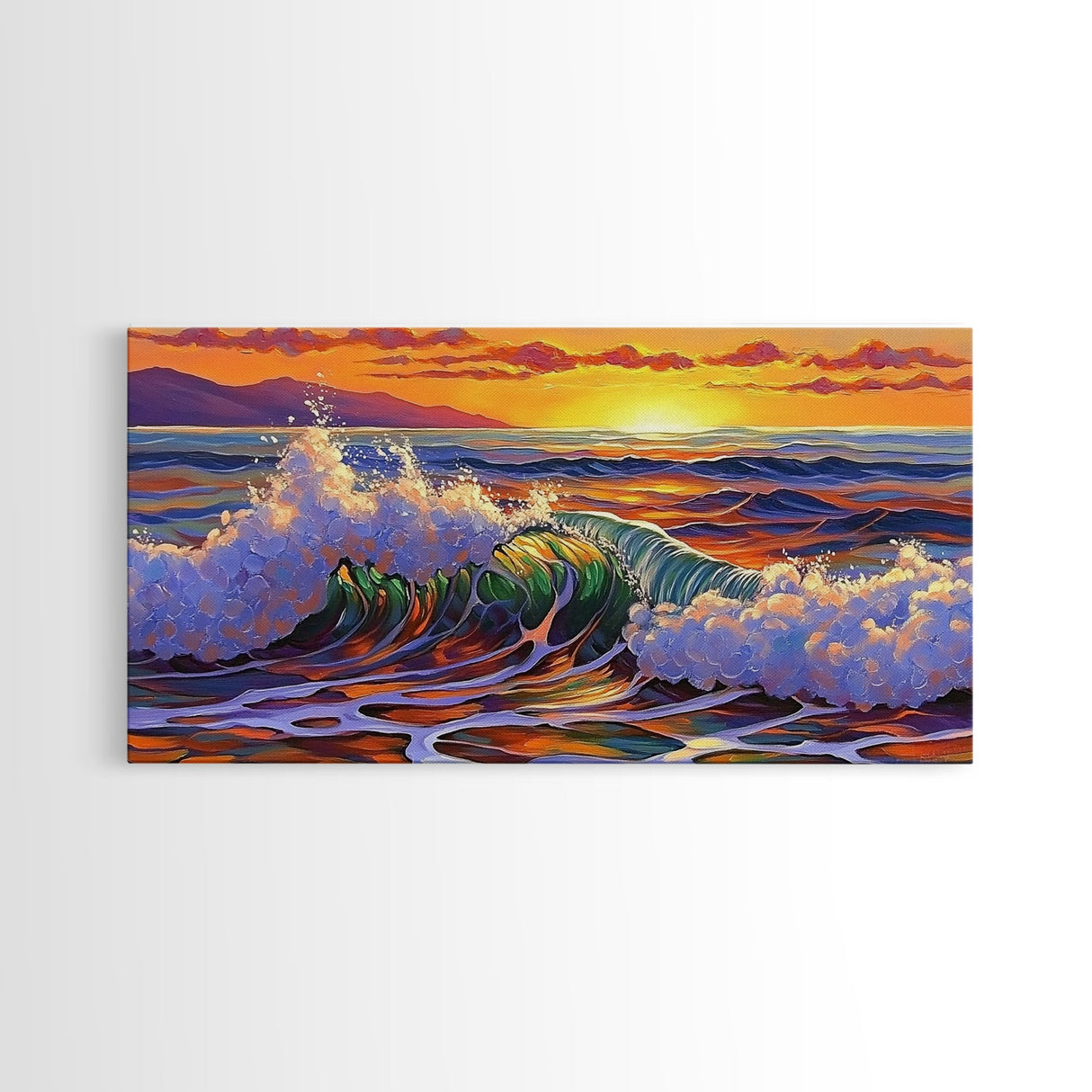 Wave Ocean, Sunset, Surf, Framed Canvas Print, tropical wave wall decor, surf boho art, vibrant beach bathroom or office wall art