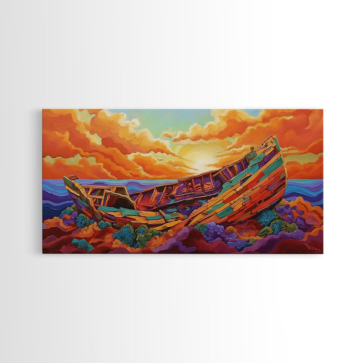 Shipwreck Sunset, Sea, Rustic, Framed Canvas Print, nautical fall coastal decor, beach cabin art, rustic ocean themed living room art