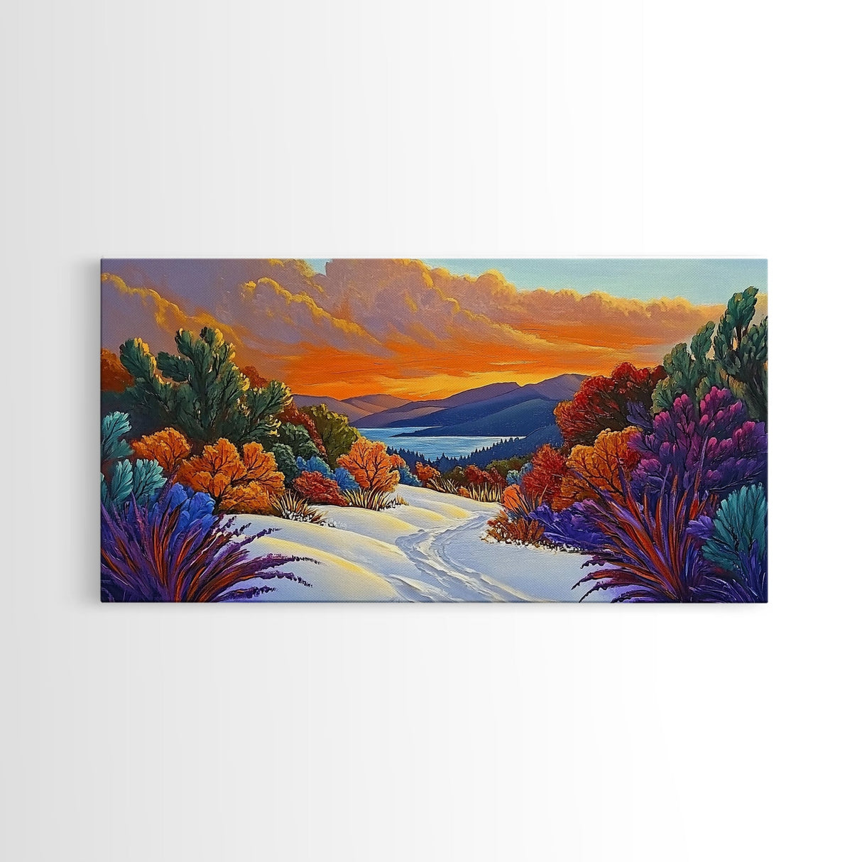 Winter Sunset, Lake, Trees, Framed Canvas Print, Autumn cabin wall art, colorful landscape living room decor, mountain snow painting