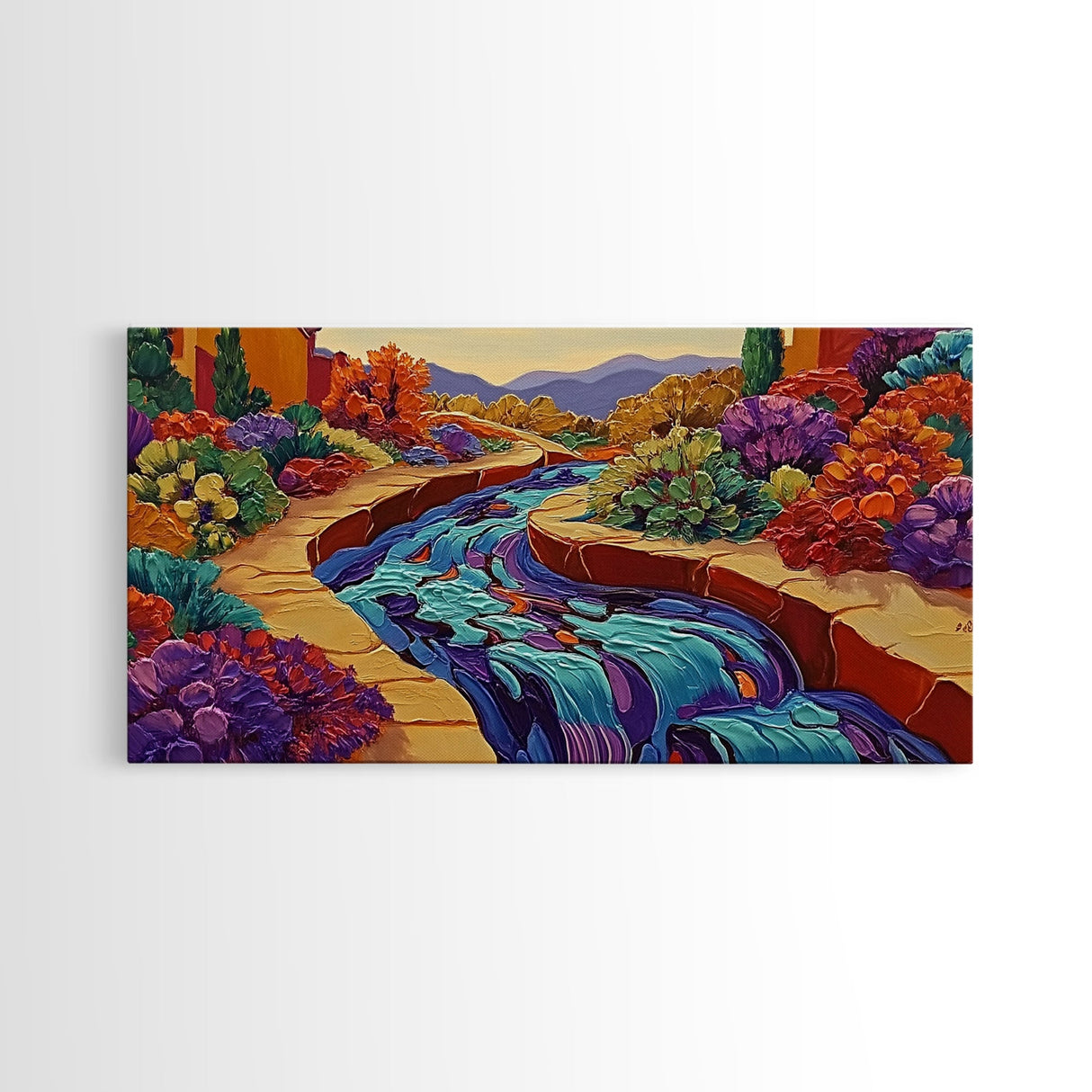 Stream Garden, Colorful, Path, Framed Canvas Print, Southwestern landscape art, bright garden painting, hallway decor, fall home vibe