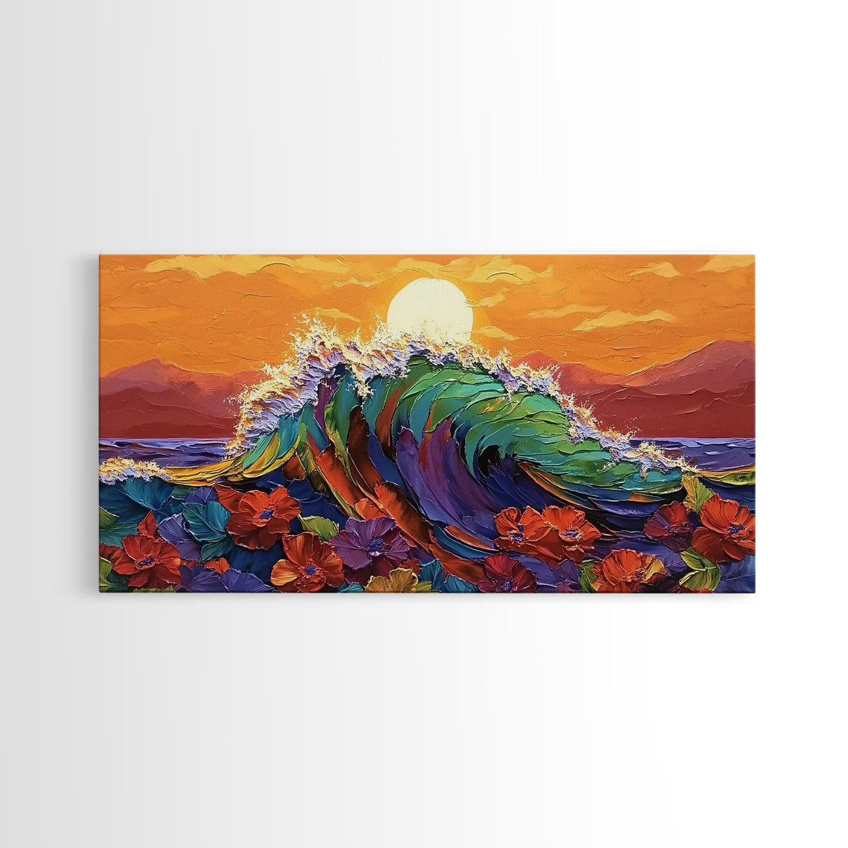 Sunset Wave, Floral, Ocean, Canvas Print, Tropical beach flower art, vibrant ocean wave decor, living room painting, sunset seascape