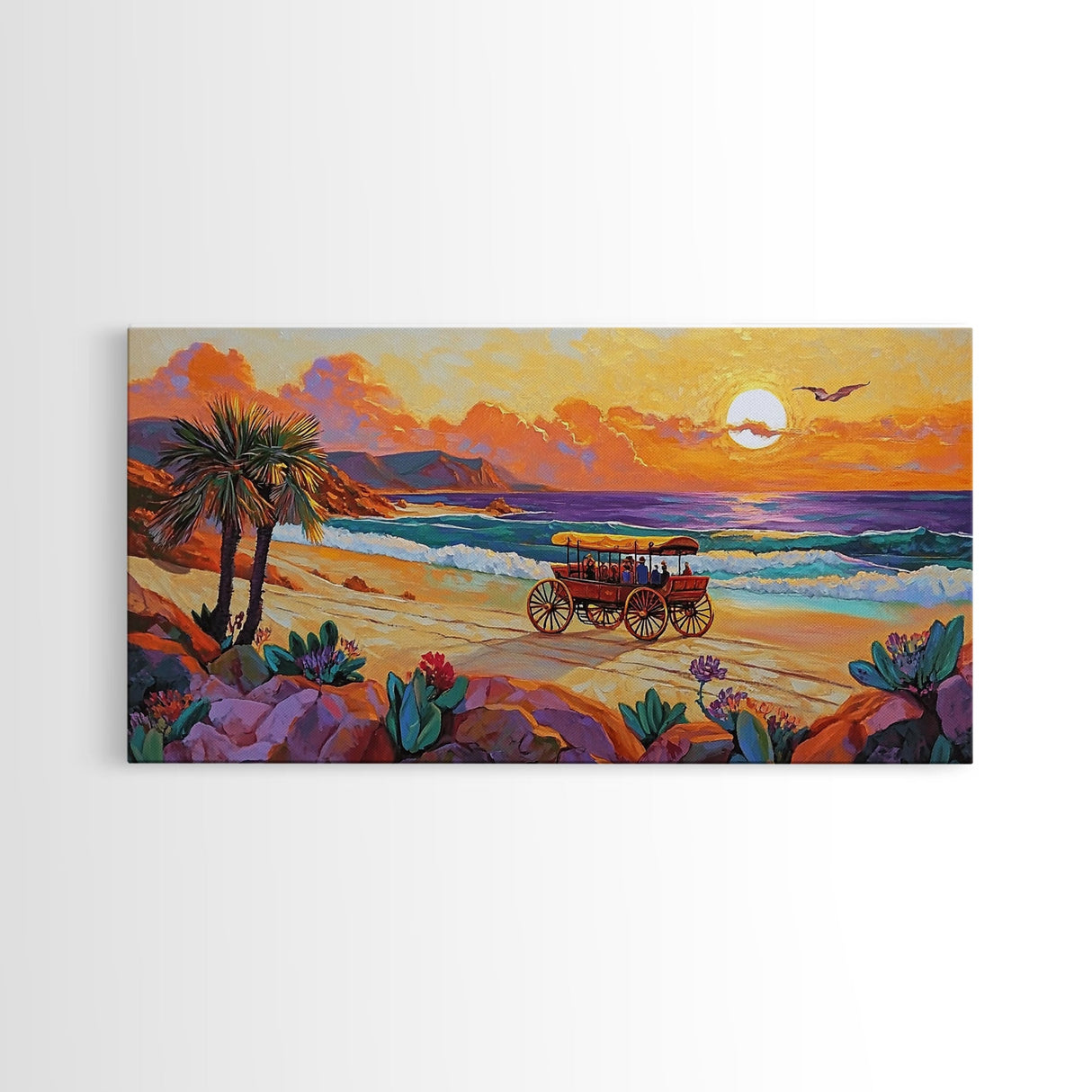 Horse Carriage, Sunset, Beach, Framed Canvas Print, coastal western art, rustic sunset scene, boho living room wall decor