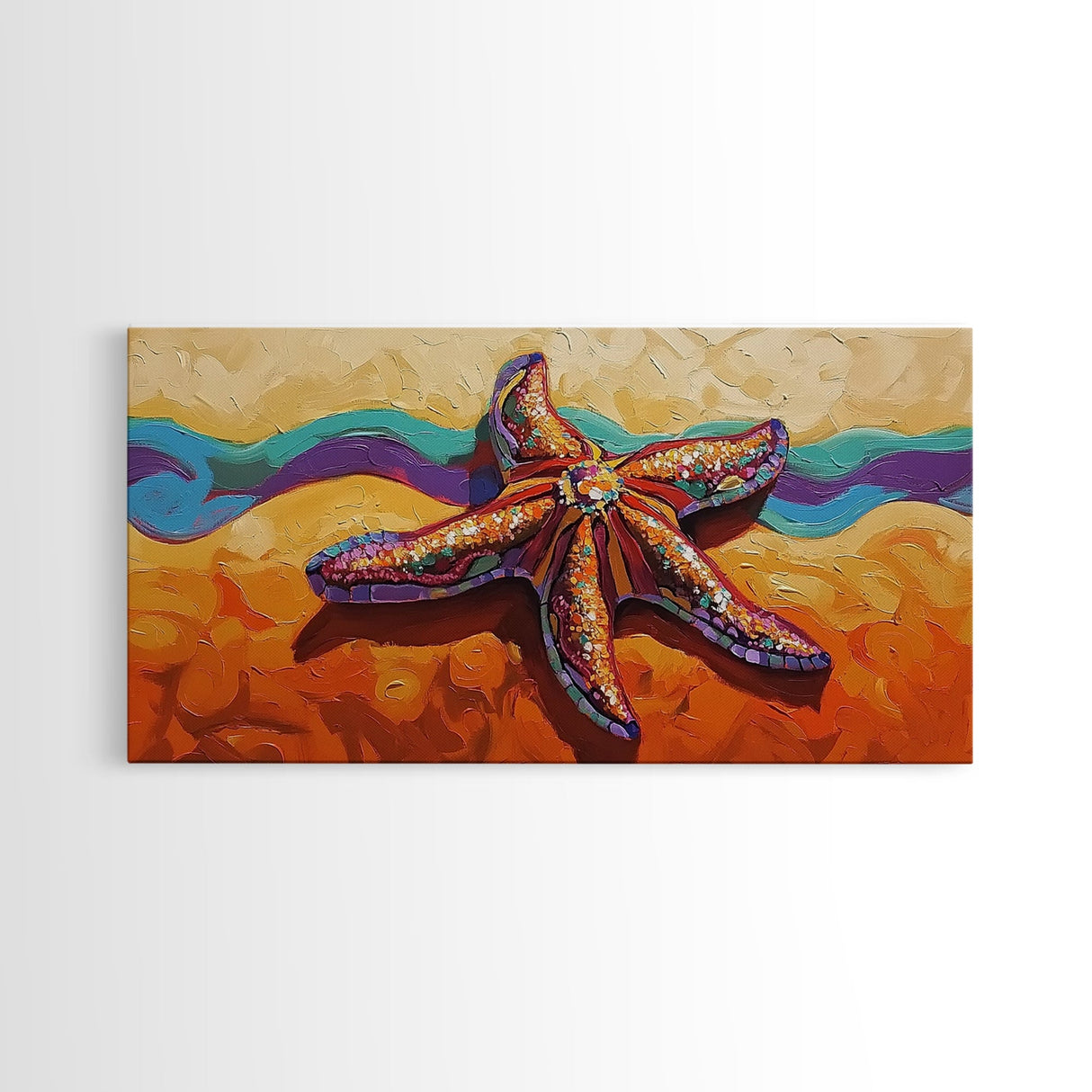Starfish Beach, Colorful, Textured, Framed Canvas Print, coastal boho decor, ocean theme, beach house bathroom wall art
