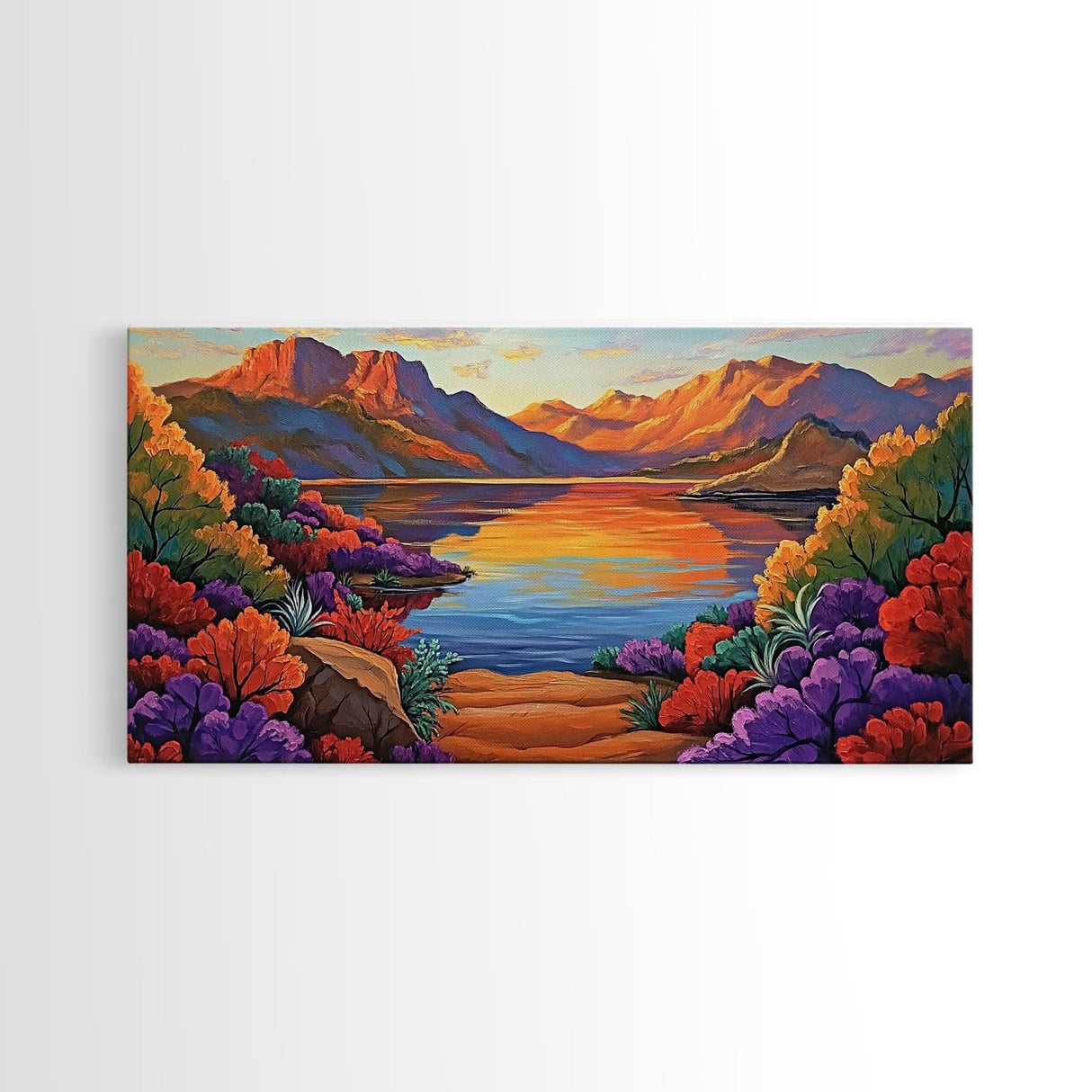 Lake Sunset, Desert, Mountains, Framed Canvas Print, colorful landscape wall decor, boho living room art, nature lovers gift