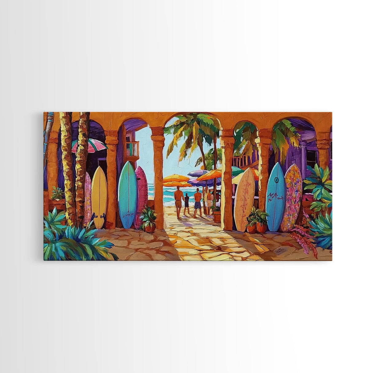 Surfboards Beach, Tropical, Colorful Life, Framed Canvas Print, Coastal Art, Entryway Wall Decor, Surf Shack Vibes, Tropical Summer