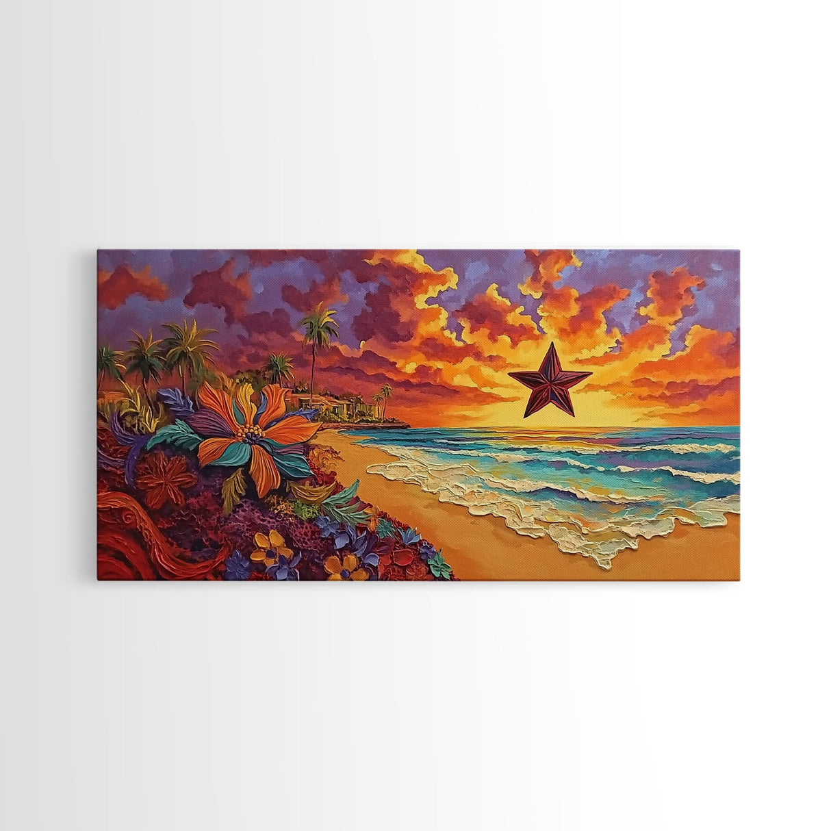Beach Star, Flower, Sunset, Framed Canvas Print, beach sunset art with star, bold tropical flowers, palm trees, vivid sky, living room