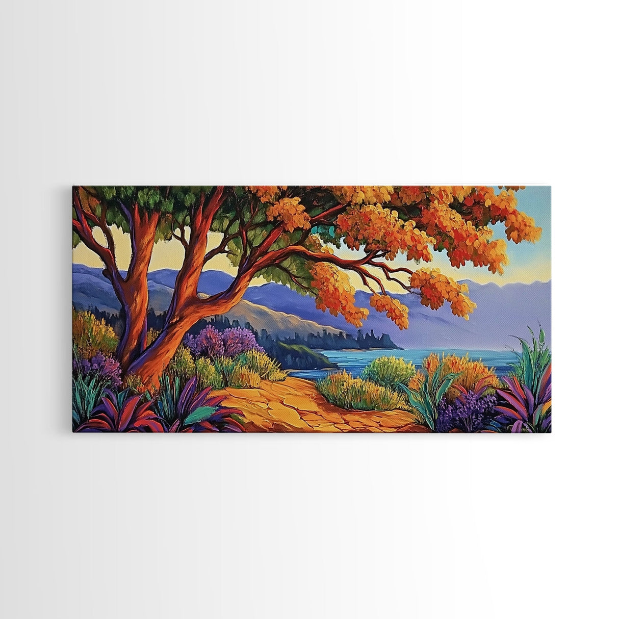 Tree Ocean, Autumn, Path, Coastal autumn treescape, Canvas Print, Warm Fall Tones, Nature Lover Gift, Living Room or Study Art