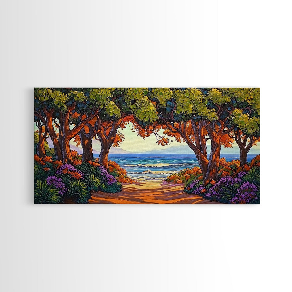 Beach Trees, Tunnel, Ocean, Sunset beach tunnel view, Framed Canvas Print, Coastal Boho Decor, Romantic Seaside Wall Art