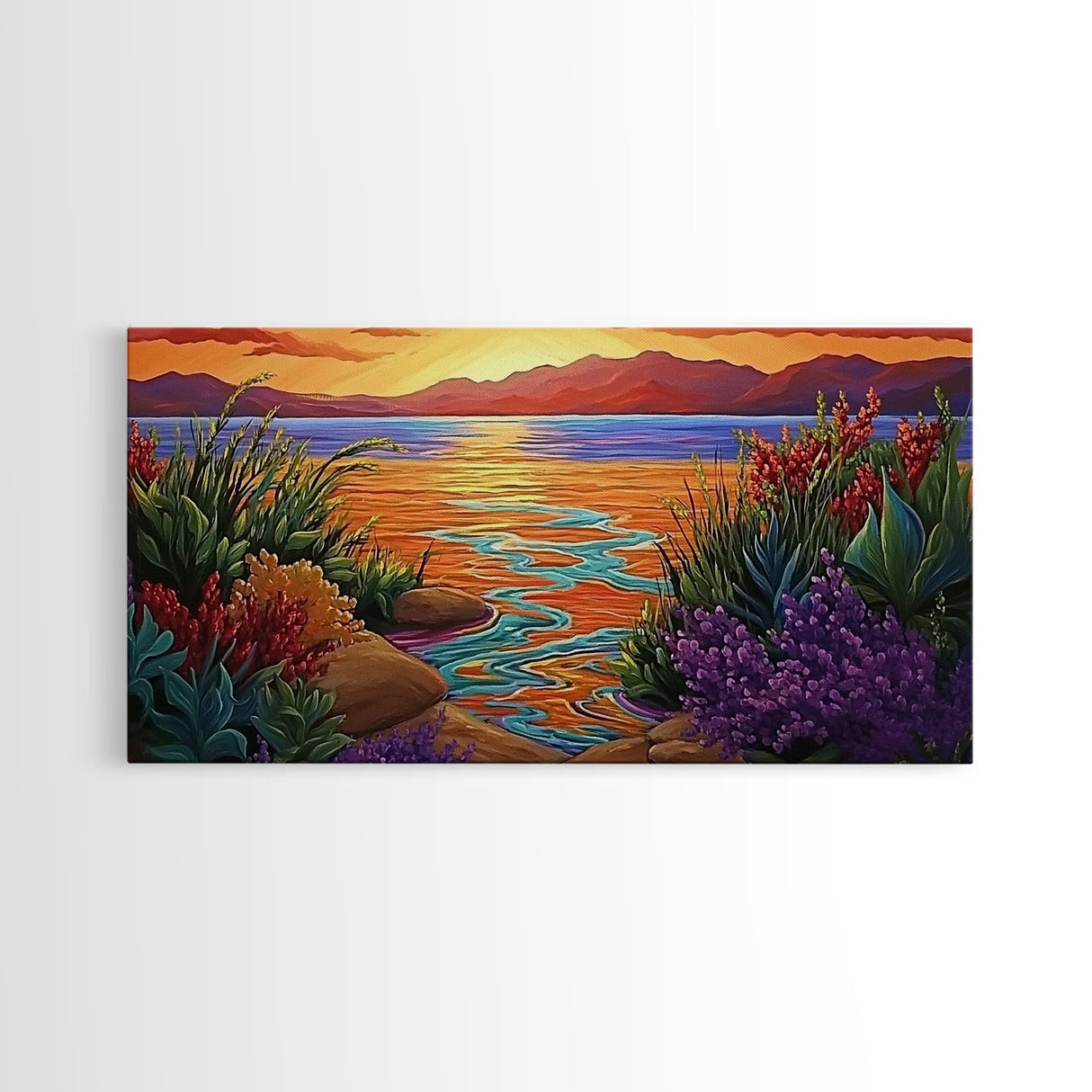 Sunset, Ocean Flowers, Nature Wall Art, vibrant landscape Canvas Print, tropical sunset décor, colorful coastal living room wall art