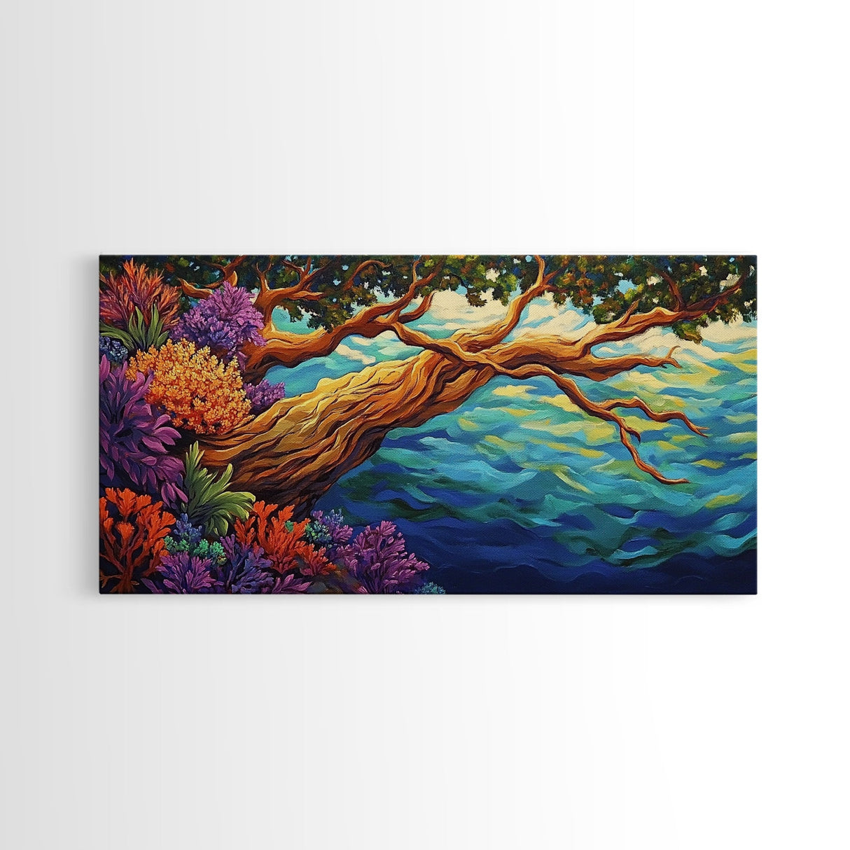 Tree, Ocean, Cliffside, Wildflowers, Framed Canvas Print, Vibrant ocean view, coastal tree decor, autumn style living room wall art