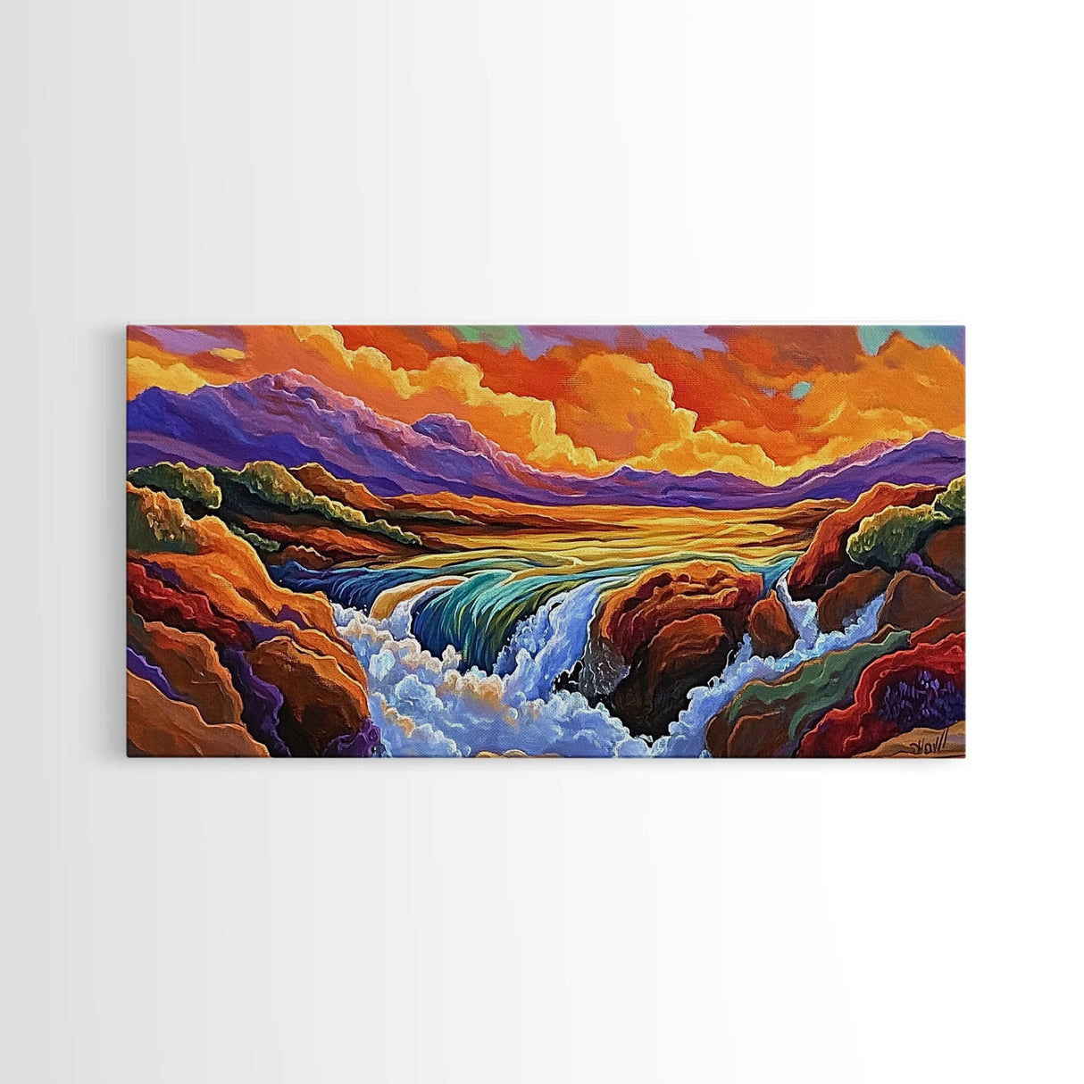 Sunset, Waterfall, Mountains, Autumn, Framed Canvas Print, Mountain sunset wall decor, autumn river art, rustic boho living room art