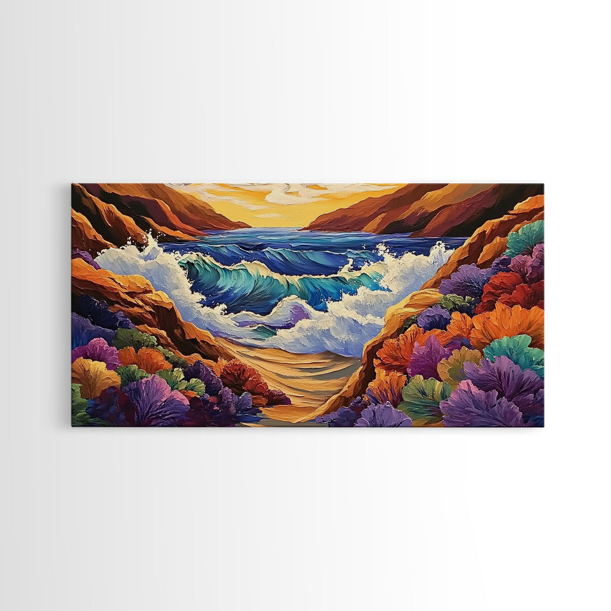 Ocean Sunset, Wave Splash, Framed Canvas Print, colorful crashing waves, rocky coast wall decor, Beach House Wall painting
