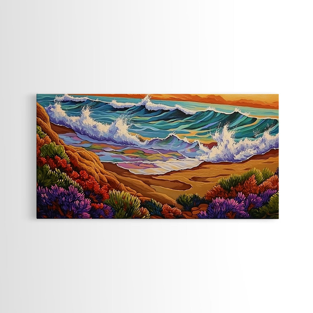 Wave Shoreline, Sunset Painting, Framed Canvas Print, vibrant crashing ocean waves, colorful rocks, Coastal Wall Art, tropical art