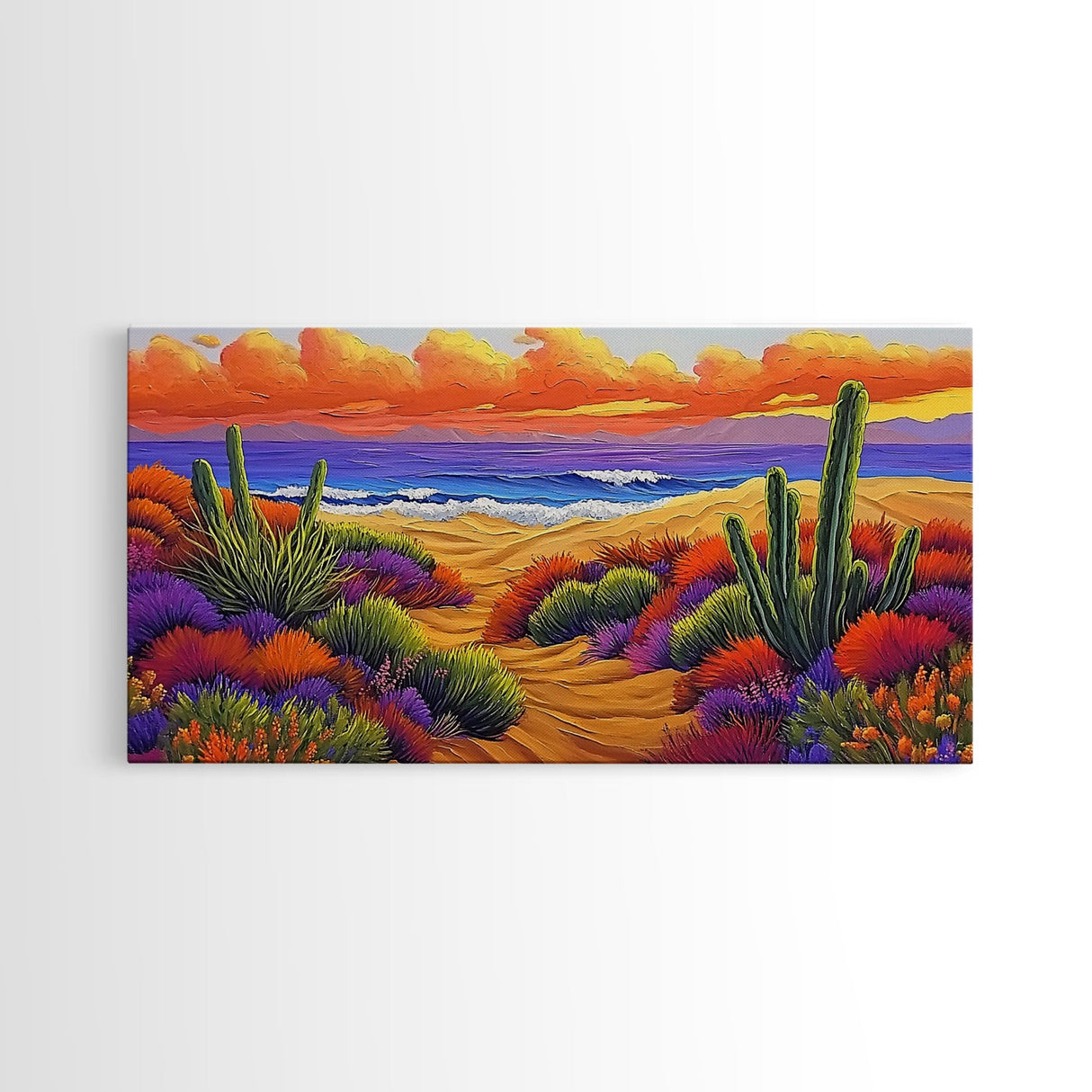 Cactus Sunset, Desert Painting, Framed Canvas Print, vibrant desert coastline, colorful flora, boho ar,t Southwest Style Entryway