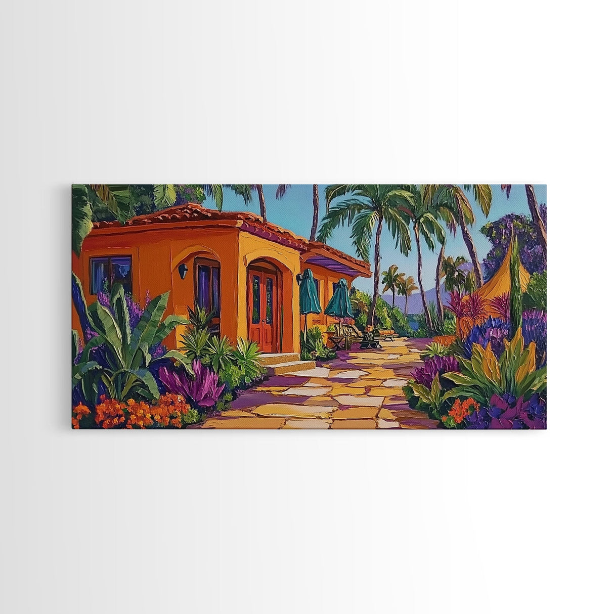 Villa, Palm Trees, Pathway, Lush Garden, warm tropical Canvas Print, boho patio decor, summer bungalow living room wall art